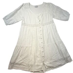 FRENCH PARIS White Dress Small Lace Trim Button Front Tiered Boho Mini